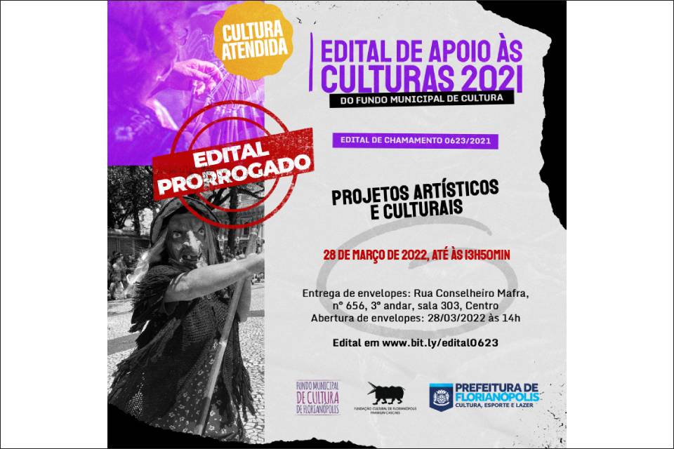 Na imagem um cartaz com uma rendeira uma bruxa e informações sobre a prorrogação do edital da cultura