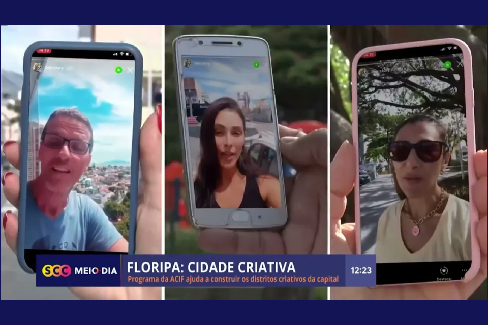 Foto colorida com imagem de pessoas dentro de telefones celulares