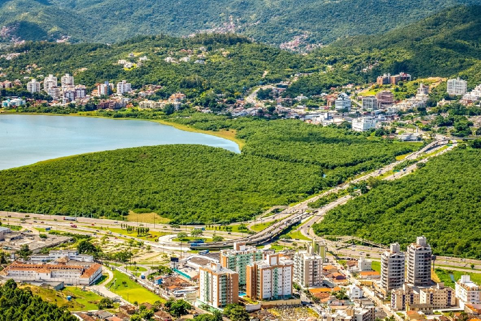 Foto colorida com vegetação verde abundante ao lado esquerdo e uma área urbana mais ao centro