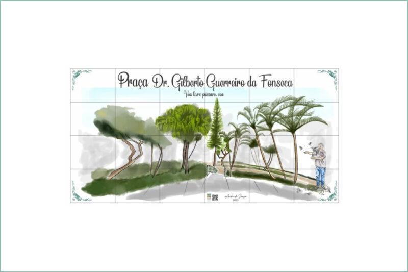 A imagem mostra um painel cultural com o título "Praça Dr. Gilberto Guerreiro da Fonseca" e a frase "Voa livre pássaro, voa". O painel ilustra uma área verde com árvores e um caminho, e inclui uma figura de um homem alimentando pássaros.