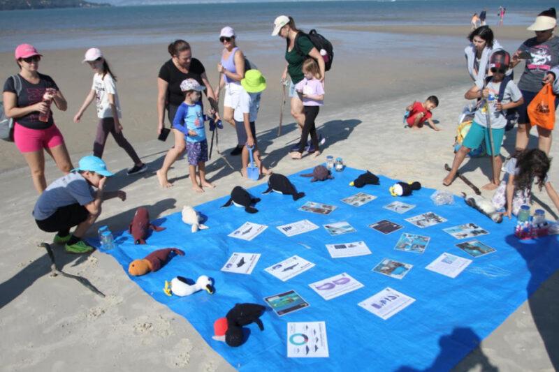 Foto de uma atividade educativa na praia. Um grupo de crianças e adultos está reunido ao redor de uma lona azul estendida na areia. Sobre a lona, há diversos materiais educativos, incluindo panfletos, fotos e modelos de animais marinhos de pelúcia. Ao fundo, é possível ver o mar e outras pessoas ao longe. A cena acontece em um dia ensolarado.