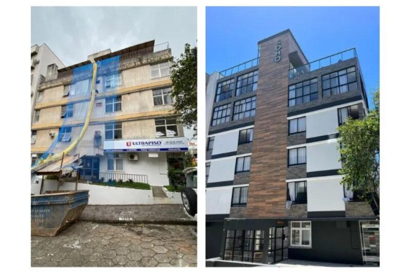 Comparação antes e depois de um edifício após retrofit. Esquerda: edifício com fachada desgastada e andaimes. Direita: edifício renovado com fachada moderna, detalhes em madeira e painéis pretos e brancos, nome 'SOHO' no topo.