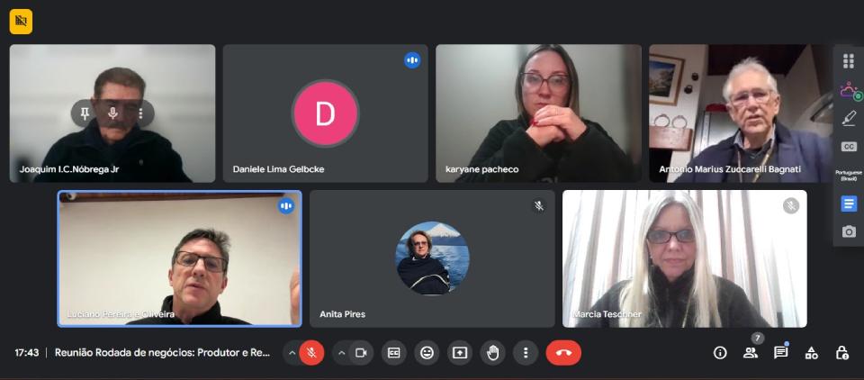 Captura de tela de uma reunião virtual no Google Meet, com oito participantes, incluindo uma pessoa que aparece apenas com uma inicial "D". Os participantes estão em suas próprias janelas de vídeo, cada um com seu nome exibido na tela. A reunião é intitulada "Reunião Rodada de negócios: Produtor e Re..." 