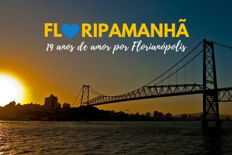 "Comemorando 19 anos da Floripamanhã, a imagem apresenta a Ponte Hercílio Luz ao pôr do sol, um dos cartões postais mais famosos de Florianópolis."