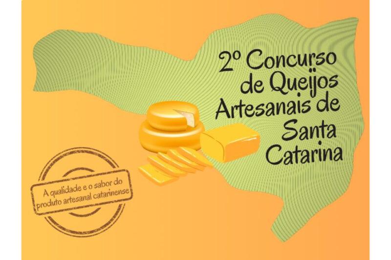 "Cartaz do 2º Concurso de Queijos Artesanais de Santa Catarina. O fundo é laranja, com um desenho estilizado do mapa de Santa Catarina preenchido por linhas onduladas em verde. No centro à esquerda, há ilustrações de queijos, incluindo um queijo redondo com uma fatia cortada, algumas fatias de queijo em cascata e um bloco de queijo retangular. No canto inferior esquerdo, há um selo que diz: 'A qualidade e o sabor do produto artesanal catarinense'. No lado direito, o texto '2º Concurso de Queijos Artesanais de Santa Catarina' está escrito em letras grandes e pretas."