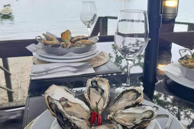 Fotografia de uma mesa posta à beira-mar com pratos de ostras servidos em diferentes preparações. No primeiro plano, há ostras cruas abertas dispostas em um prato branco, decoradas com duas pimentas vermelhas. Ao fundo, outros pratos com ostras gratinadas e guarnições, além de taças de vidro vazias. A mesa é de vidro escuro, e a paisagem ao fundo mostra o mar tranquilo, parte de um deque de madeira e um barco ancorado próximo à margem. A iluminação é natural e remete a um ambiente sofisticado e praiano.