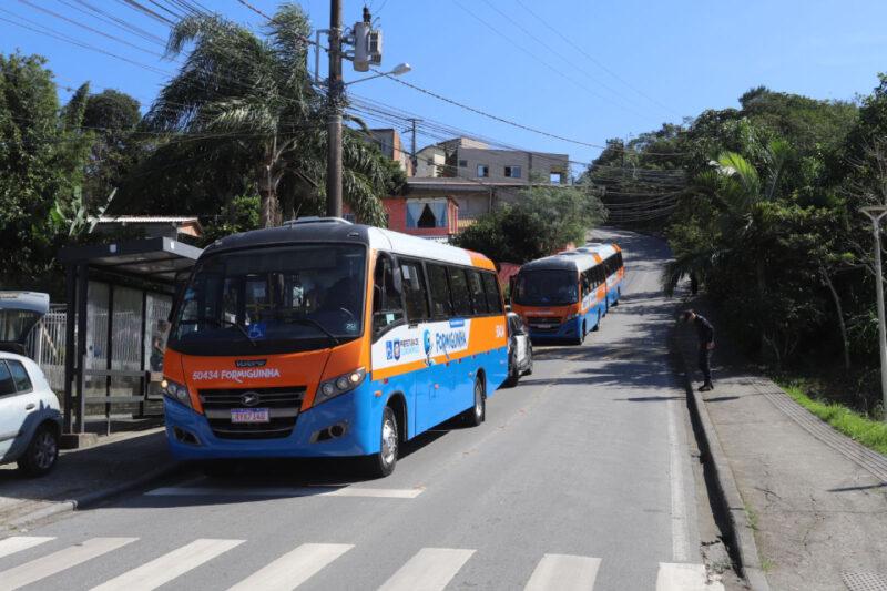 Fotografia de três micro-ônibus com pintura azul e laranja, estacionados em fila em uma rua inclinada. O primeiro veículo exibe a identificação "50434 Formiguinha" e possui o símbolo de acessibilidade próximo ao para-brisa. À esquerda, há um ponto de ônibus com cobertura, e à direita, um homem caminha pela calçada. No fundo, casas simples cercadas por vegetação e árvores. O céu está azul e ensolarado.