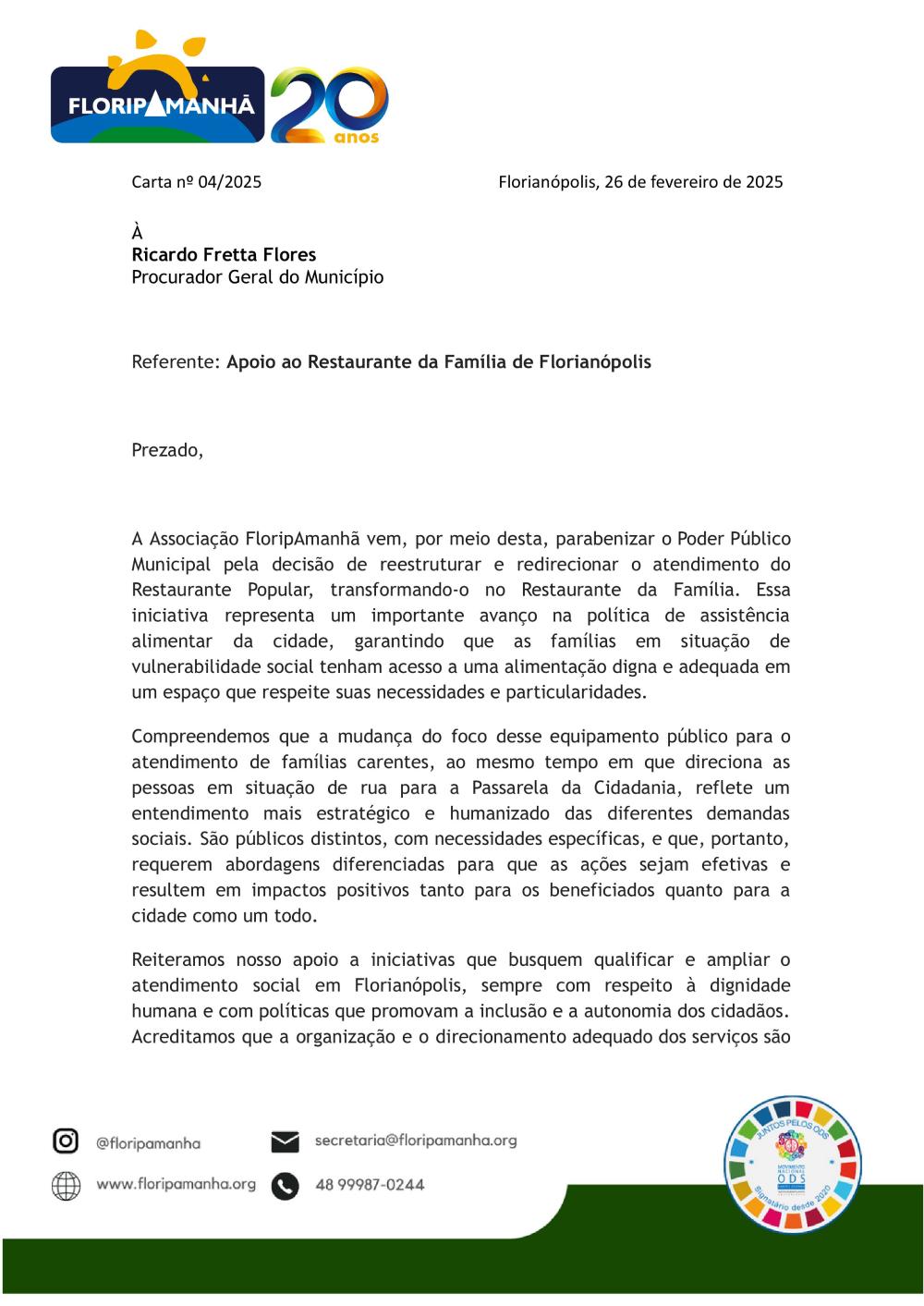 Carta da Associação FloripAmanhã apoiando a criação do Restaurante da Família em Florianópolis.