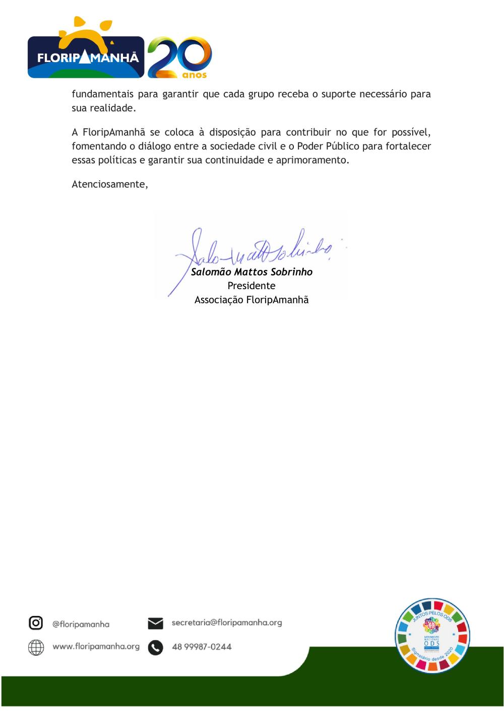 Carta da Associação FloripAmanhã apoiando a criação do Restaurante da Família em Florianópolis.