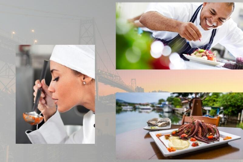 Montagem com três imagens relacionadas à gastronomia. À esquerda, uma chef de roupa branca e touca prova um caldo com uma concha, em um ambiente de cozinha profissional. No topo direito, um chef sorridente, vestindo uniforme branco e avental, finaliza um prato com folhas verdes e ingredientes coloridos. Abaixo, um prato com polvo grelhado, purê e tomates cereja está disposto sobre uma mesa ao ar livre, com vista para um rio e barcos ao fundo.