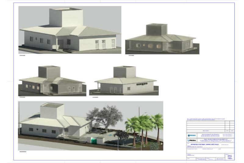 Imagem de um desenho técnico em perspectiva de um edifício, com várias vistas do projeto arquitetônico. No topo, são apresentadas três vistas da construção: frontal, lateral e a partir de um ângulo, todas com um formato de telhado triangular e uma estrutura central mais alta. Abaixo, há duas vistas adicionais: uma do lado oposto, mostrando a entrada principal, e outra que inclui o entorno, com árvores e uma área pavimentada. O projeto é detalhado com sombras sutis, destacando a forma do prédio e elementos do jardim. No canto inferior direito, há informações da empresa responsável pelo projeto e outras anotações técnicas.