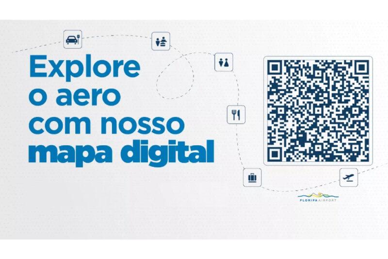 Imagem promocional do Floripa Airport com fundo branco e elementos em azul. À esquerda, o texto em negrito diz: "Explore o aero com nosso **mapa digital**". À direita, há um QR code dentro de um contorno retangular. Um traçado pontilhado conecta pequenos ícones relacionados a serviços do aeroporto, como transporte, alimentação, sanitários, bagagem e embarque. No canto inferior direito, está o logotipo do Floripa Airport.