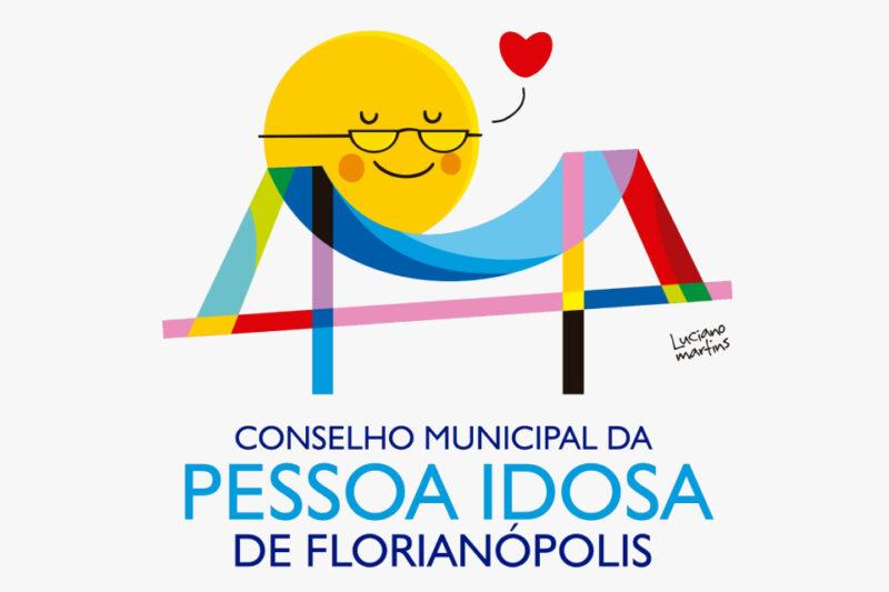 Ilustração colorida com um sol sorridente de óculos deitado em uma rede. Texto: "Conselho Municipal da Pessoa Idosa de Florianópolis".