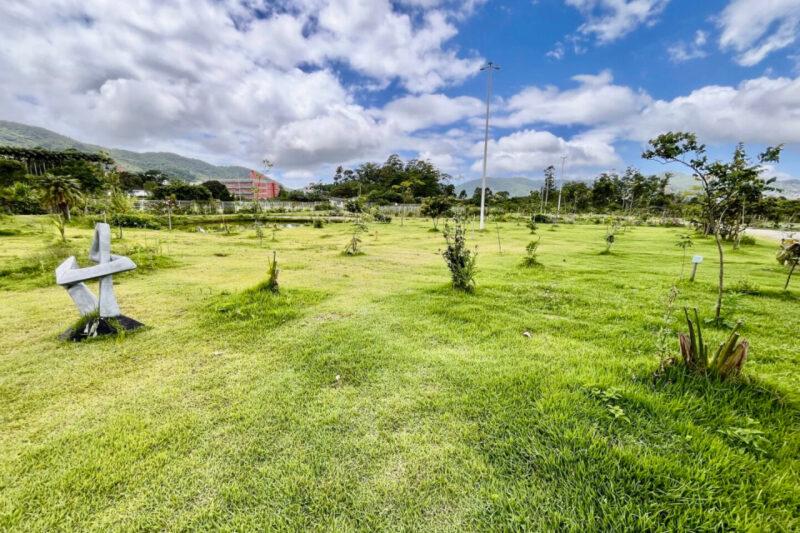 Campo verde com árvores jovens, uma escultura metálica abstrata e montanhas ao fundo sob um céu azul com nuvens.