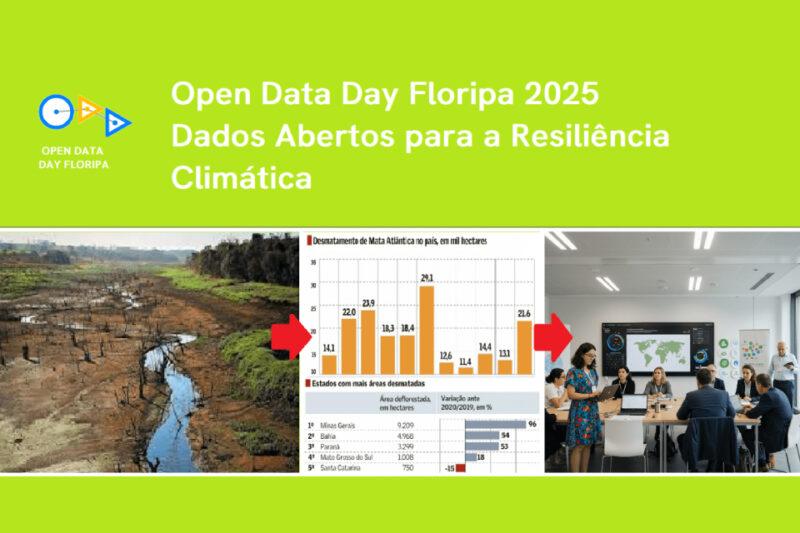 Banner do "Open Data Day Floripa 2025" com imagens sobre desmatamento, dados climáticos e reunião técnica.