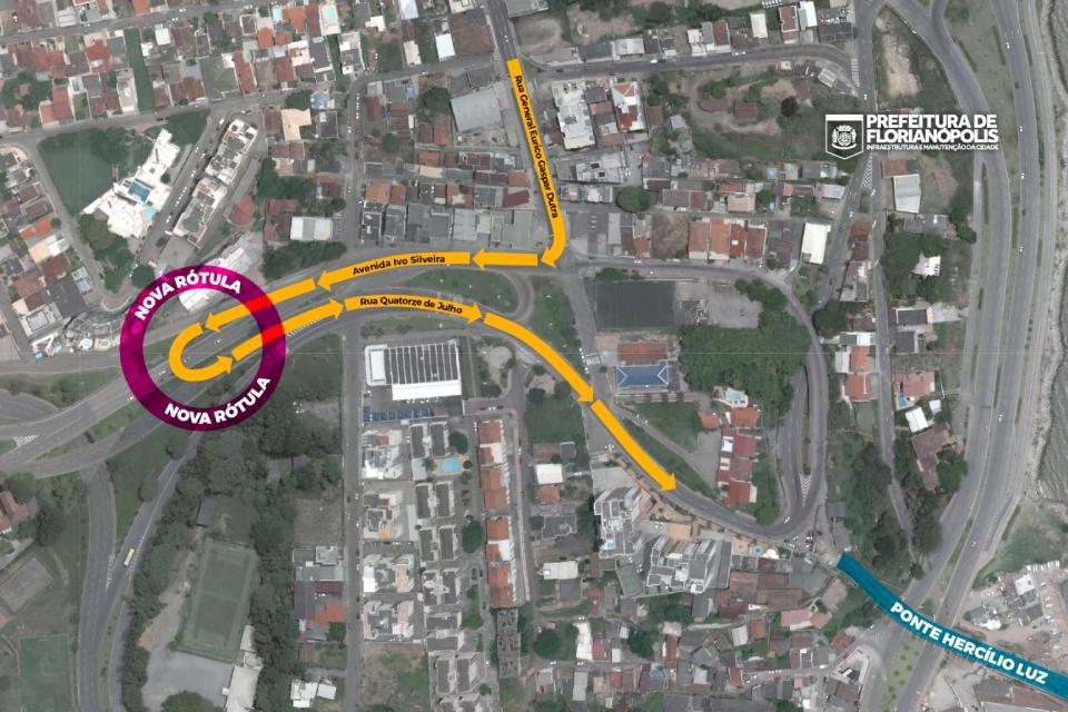 Mapa aéreo destaca nova rótula entre as ruas Quatorze de Julho e General Eurico Gaspar Dutra.