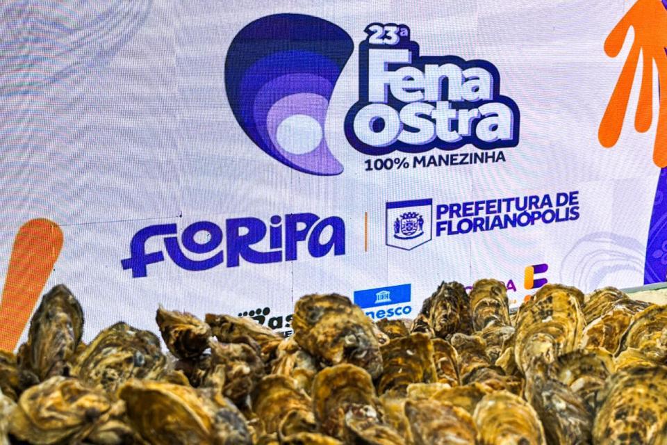 Fotografia de ostras empilhadas diante de banner da Fena Ostra com o slogan cem por cento Manezinha.