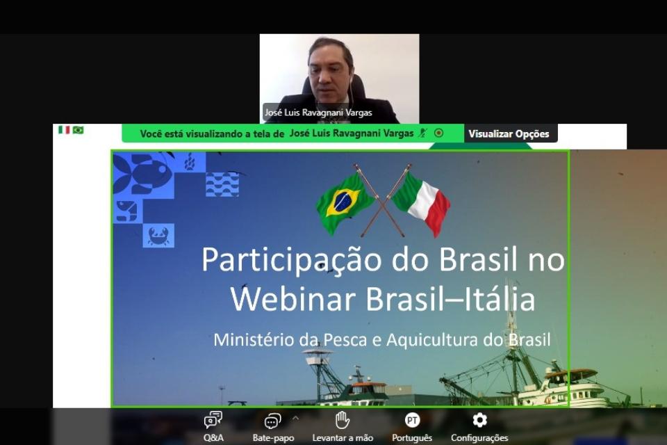 Captura de tela de uma videoconferência com José Luis Ravagnani Vargas apresentando o slide “Participação do Brasil no Webinar Brasil–Itália”, do Ministério da Pesca e Aquicultura do Brasil. Duas bandeiras cruzadas, do Brasil e da Itália, estão no topo do slide.