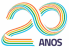 Logotipo colorido com o número vinte formado por linhas curvas em azul, verde, laranja e amarelo, acompanhado da palavra “anos” em letras roxas.