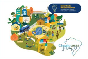 Ilustração colorida mostra uma cidade sustentável com pessoas caminhando, pedalando e interagindo em áreas verdes. Há edifícios, ônibus, energia eólica, feira, casas e lago central. No topo, texto diz: “Enfrentando desafios urbanos — Caminhos para cidades mais justas e sustentáveis”. No canto inferior direito, logotipo “Circuito Urbano dois mil e vinte e cinco”.