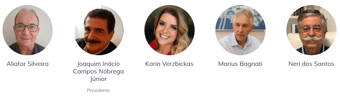 Montagem institucional com cinco retratos circulares do Conselho Consultivo: Aliator Silveira, Joaquim Inácio Campos Nóbrega Júnior, presidente, Karin Verzbickas, Marius Bagnati e Neri dos Santos.