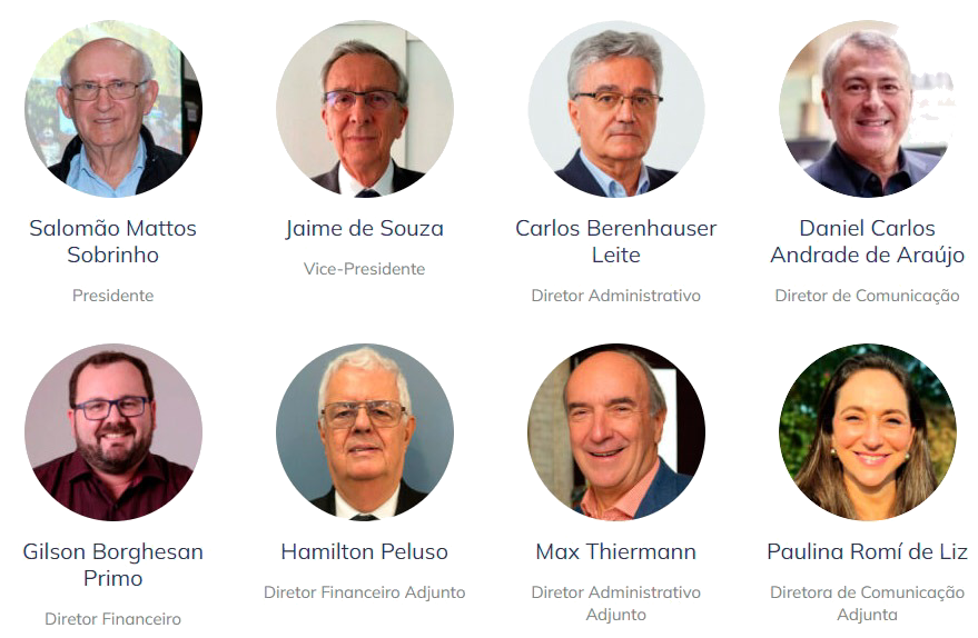 Montagem com fotografias de retrato em fundo branco, organizadas em duas fileiras. Na fileira superior, da esquerda para a direita, Salomão Mattos Sobrinho, presidente; Jaime de Souza, vice-presidente; Carlos Berenhauser Leite, diretor administrativo; Daniel Carlos Andrade de Araújo, diretor de comunicação. Na fileira inferior, da esquerda para a direita, Gilson Borghesan Primo, diretor financeiro; Hamilton Peluso, diretor financeiro adjunto; Max Thiermann, diretor administrativo adjunto; Paulina Romí de Liz, diretora de comunicação adjunta.