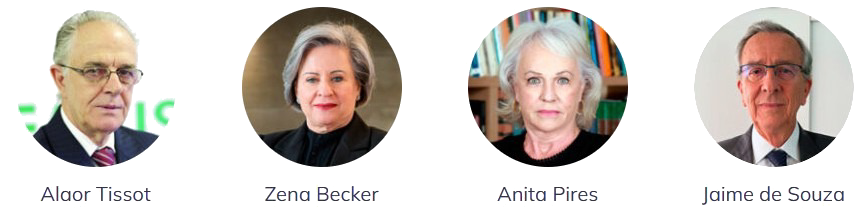 Montagem institucional com quatro retratos circulares de ex-presidentes do Conselho Consultivo: Alaor Tissot, Zena Becker, Anita Pires e Jaime de Souza.