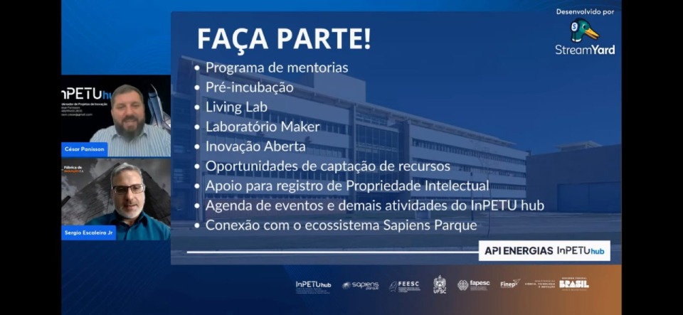 Slide institucional em tons de azul com o título “Faça parte!” e lista de ações do InPETU hub, como programa de mentorias, pré-incubação, living lab, laboratório maker e inovação aberta, com imagens de participantes em videoconferência à esquerda.