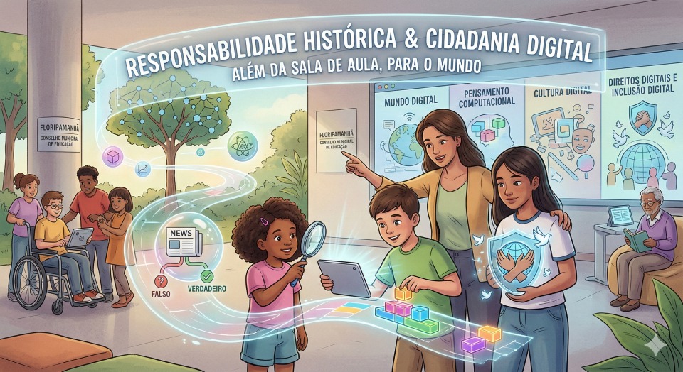 Ilustração de sala de aula e parque com crianças e professora usando tablets; hologramas de rede, átomos e checagem “NEWS”, “FALSO” e “VERDADEIRO”. Texto: “RESPONSABILIDADE HISTÓRICA & CIDADANIA DIGITAL”; “ALÉM DA SALA DE AULA, PARA O MUNDO”; painéis “MUNDO DIGITAL”, “PENSAMENTO COMPUTACIONAL”, “CULTURA DIGITAL” e “DIREITOS DIGITAIS E INCLUSÃO DIGITAL”; placas “FLORIPAMANHÃ — CONSELHO MUNICIPAL DE EDUCAÇÃO”.”. Faixa inferior com logotipos: “Lei Rouanet Incentivo à Cultura”, WEG, Enercan, Giassi Supermercados, DR, BRDE, “Apoio Fundação ESAG”, Inclua, SESI, “realização Ministério da Cultura” e “Governo do Brasil — DO LADO DE QUEM MAIS PRECISA”.