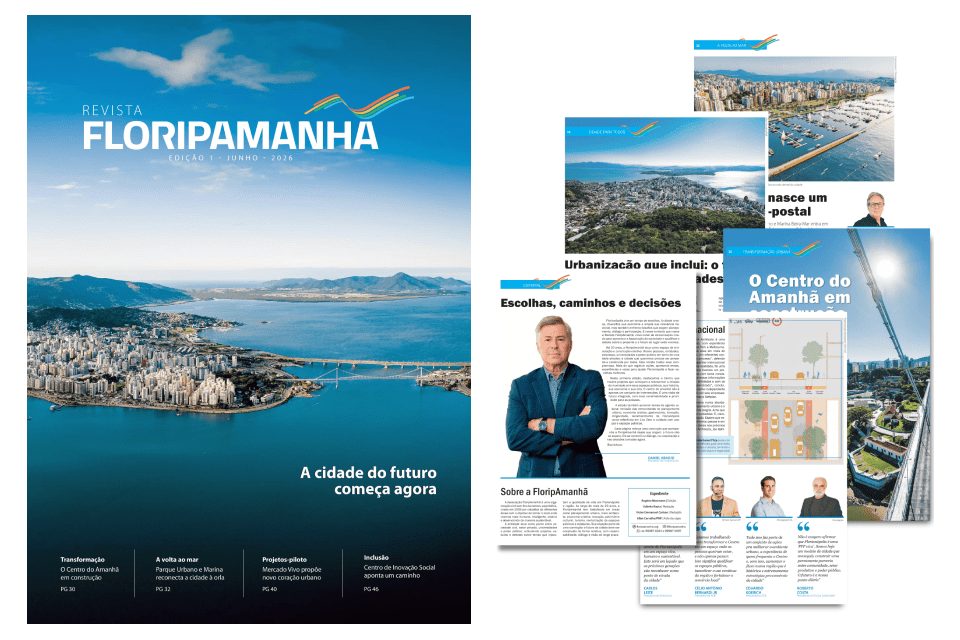 Montagem da Revista FloripAmanhã, com capa mostrando vista aérea de Florianópolis e páginas internas sobre projetos urbanos.