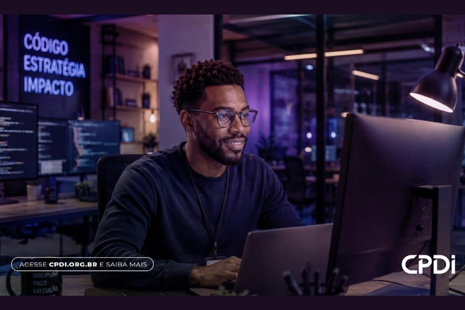 Homem sorridente trabalha em computador em escritório tecnológico; ao fundo, a frase “Código, estratégia, impacto”.
