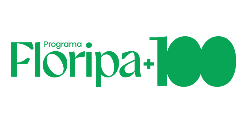 Logotipo verde do “Programa Floripa mais cem”, com o nome Floripa em destaque e o número cem estilizado.