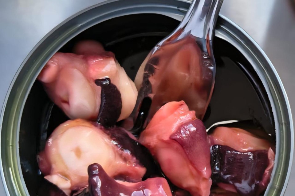 Fotografia em close de ostras e mexilhões em uma lata aberta, com uma colher metálica.