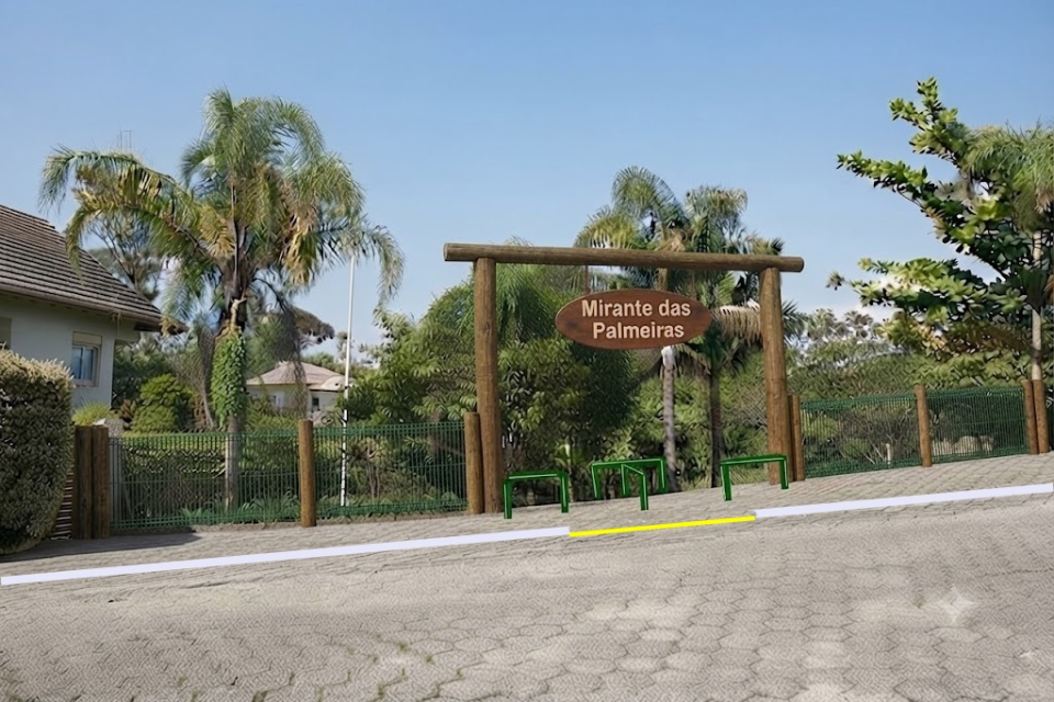 Fotografia mostra a entrada do Mirante das Palmeiras, com placa de madeira, bancos verdes, palmeiras e casas ao redor.

