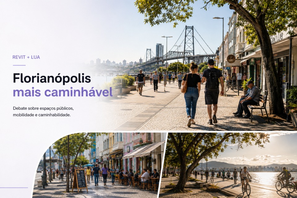 Composição fotográfica sobre Florianópolis, com orla, ponte, pedestres, ciclistas e cafés. Texto: “REVIT + LUA. Florianópolis mais caminhável. Debate sobre espaços públicos, mobilidade e caminhabilidade.”