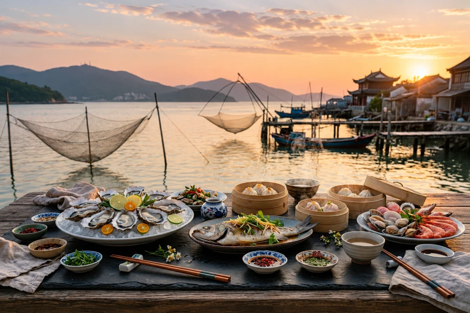 Fotografia de uma mesa com ostras, peixe assado, camarões, mariscos e pãezinhos no vapor, diante de uma vila de pescadores com barcos, redes de pesca e construções de arquitetura oriental à beira-mar, ao pôr do sol.